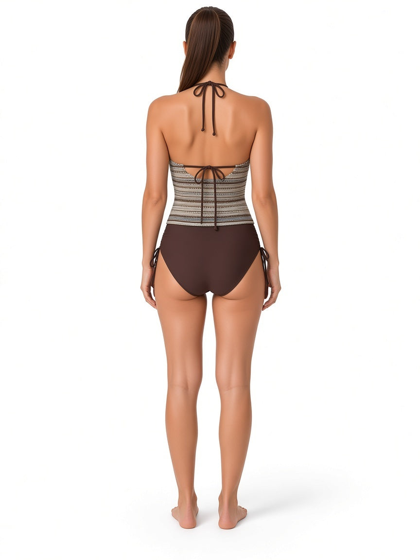 Women's earth-tone halter tankini with open back and chocolate brown swim bottoms rear view