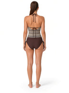 Women's earth-tone halter tankini with open back and chocolate brown swim bottoms rear view