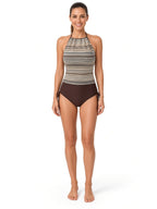 Women's earth-tone geometric striped halter-neck tankini top with chocolate brown side-tie bikini bottoms front view