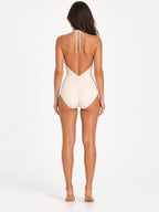 Ivory White ruched halter one-piece swimsuit on model, back view
