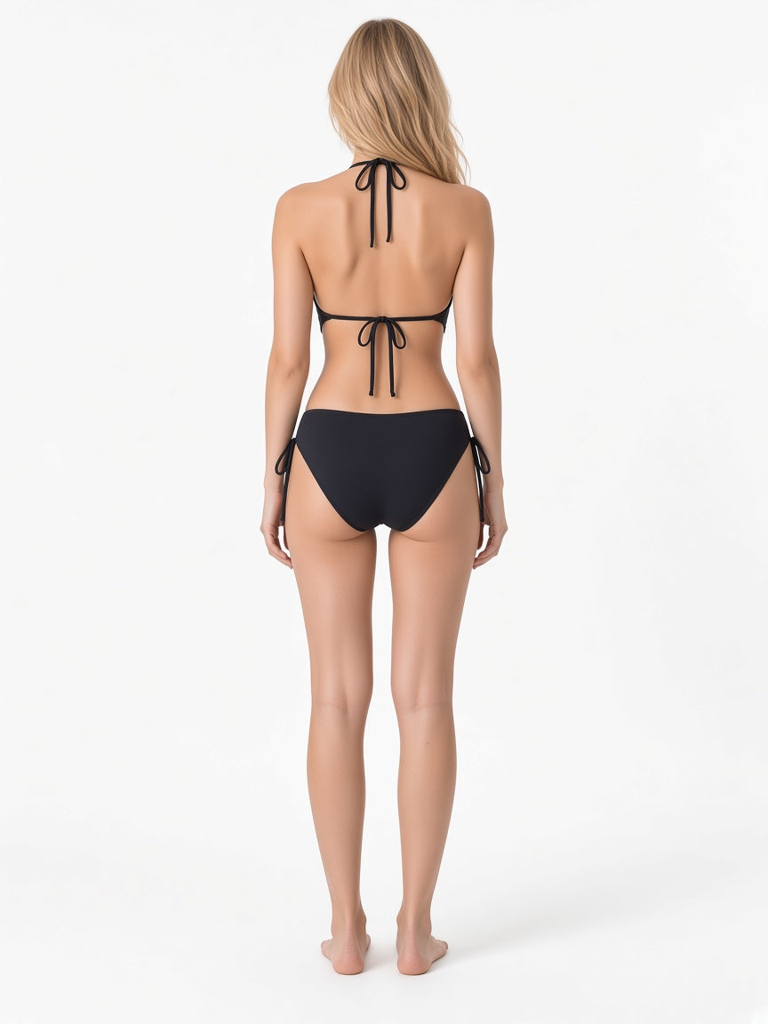 Black halter tankini swimsuit with adjustable back ties rear view