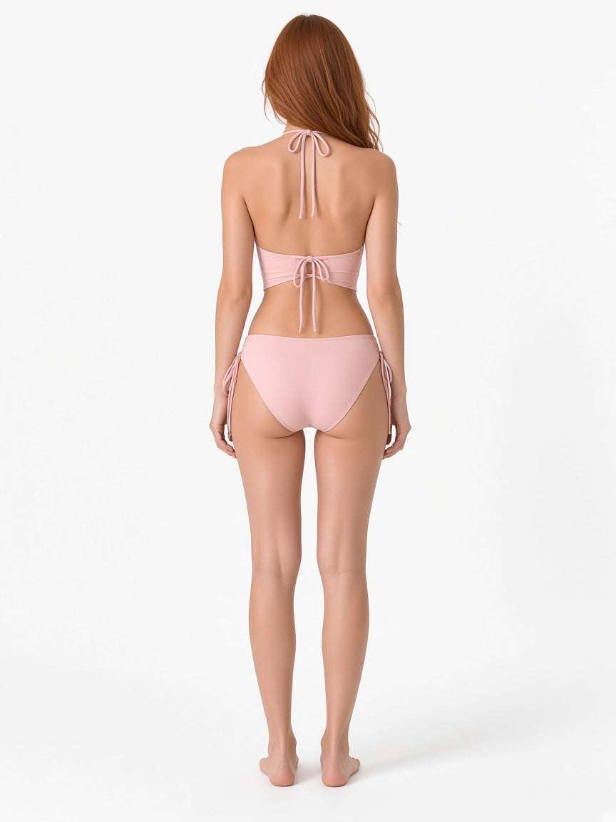 Blush Pink halter tankini swimsuit with adjustable back ties rear view