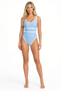 Front view of Sidway Swim sky blue contrast-trim one-piece swimsuit for women