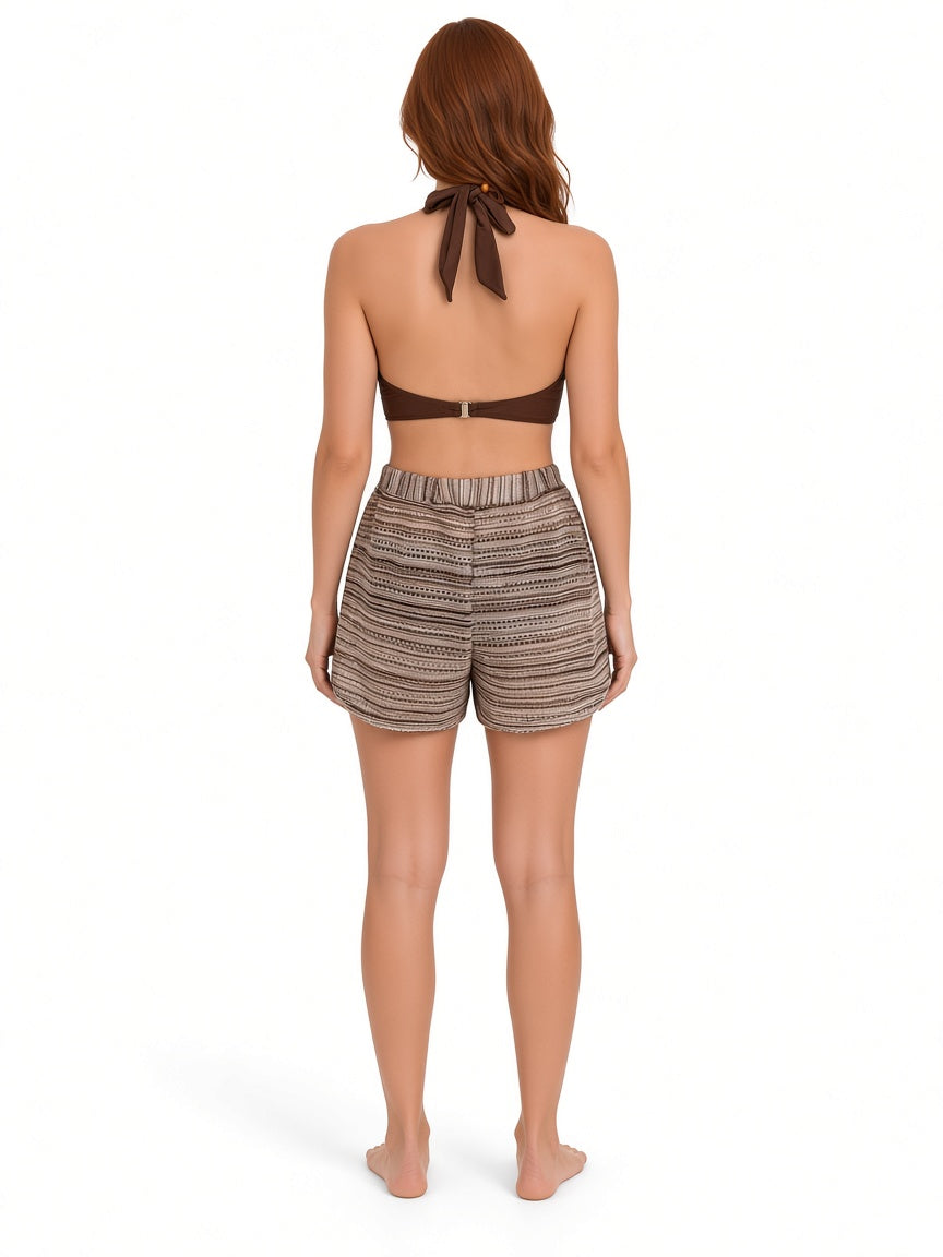 Coffee Brown open-back halter swim top and patterned shorts, back view