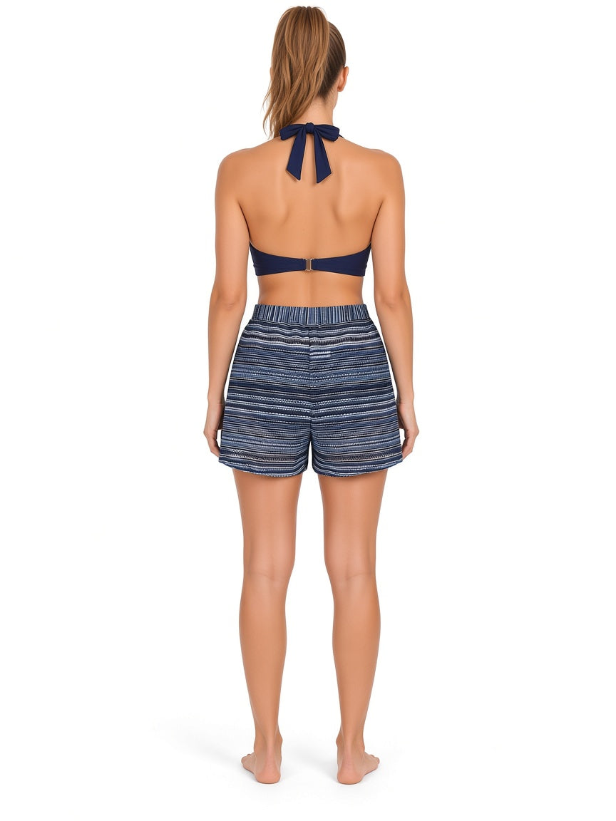 Navy Blue open-back halter swim top and elastic-waist striped shorts, back view