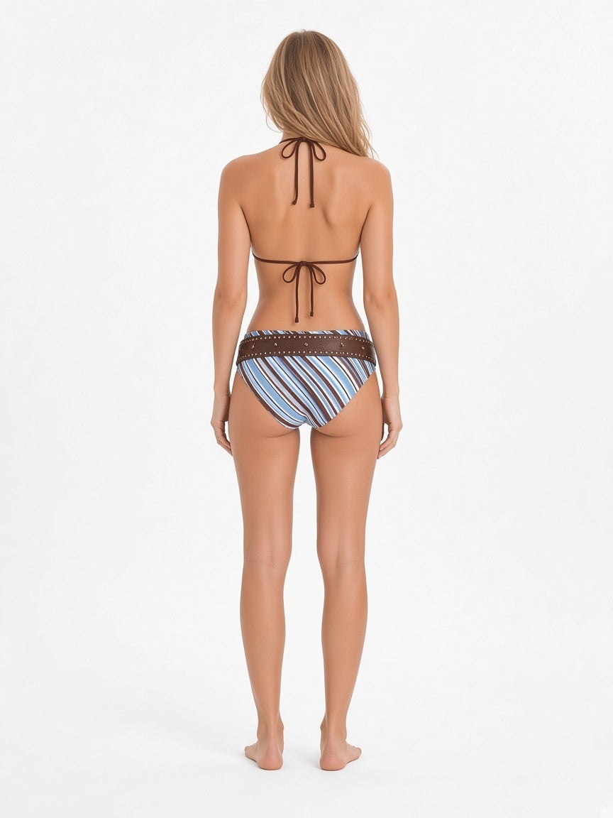 Blue & Brown Stripe Halter Bikini Set